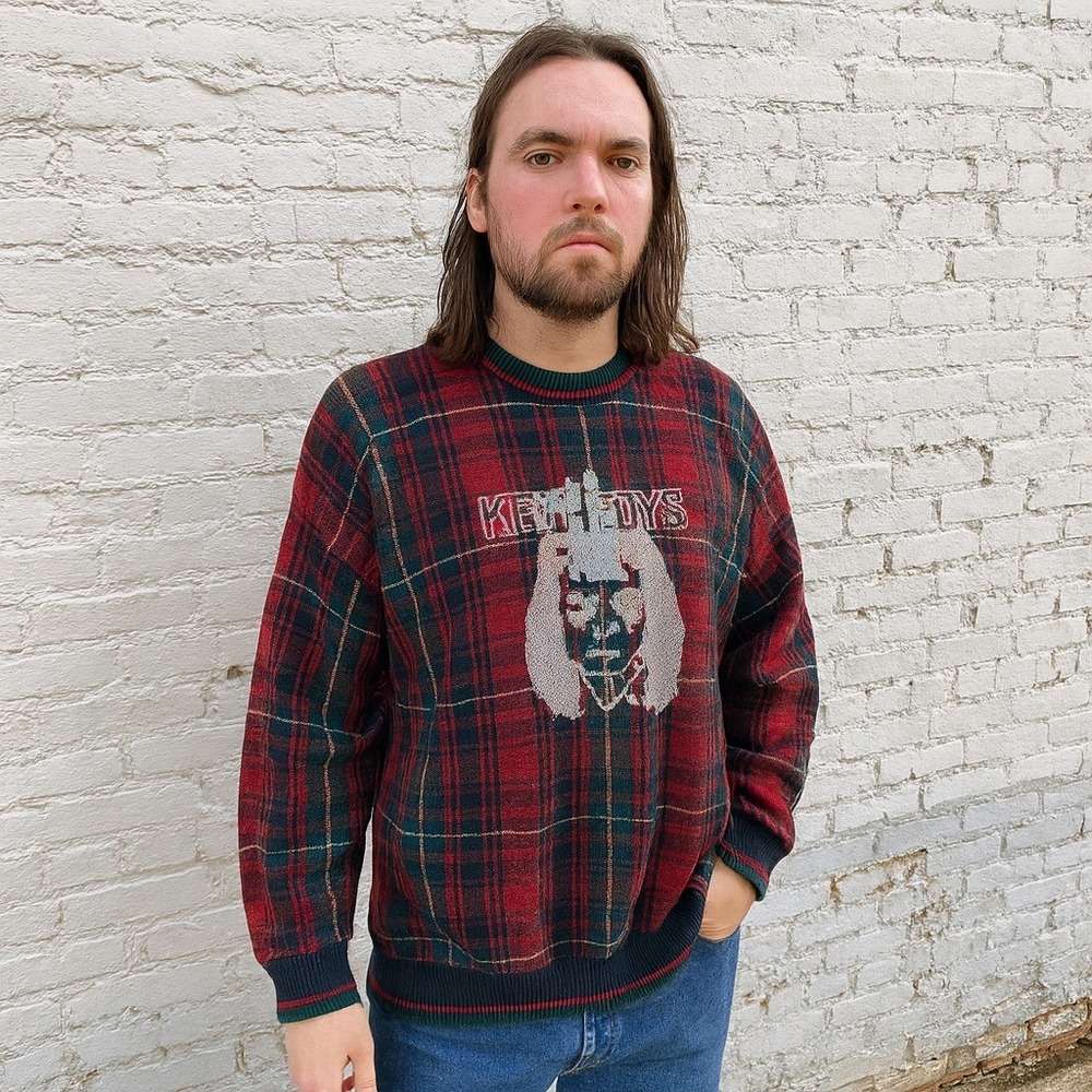 Men's Red & Green Plaid Crewneck Sweater with Graphic